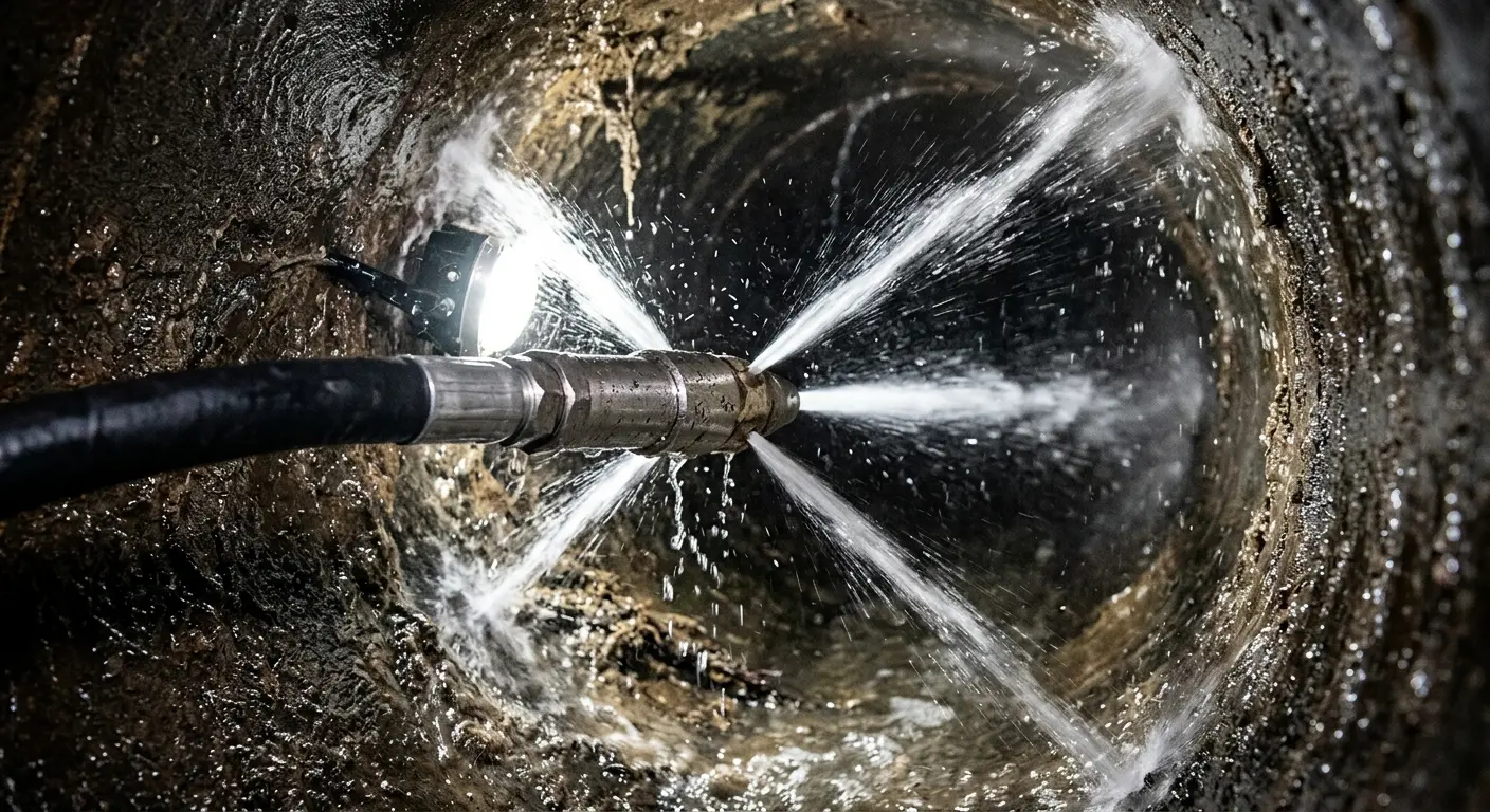 High-pressure hydro jetting nozzle cleaning sewer pipe for Sewer Cleanout in Beltsville