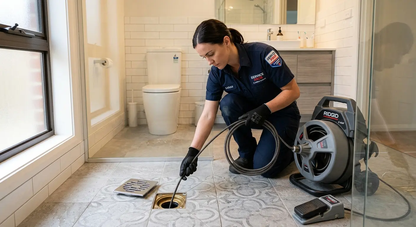 Technician clearing a bathroom floor drain for Drain Repair in Beltsville